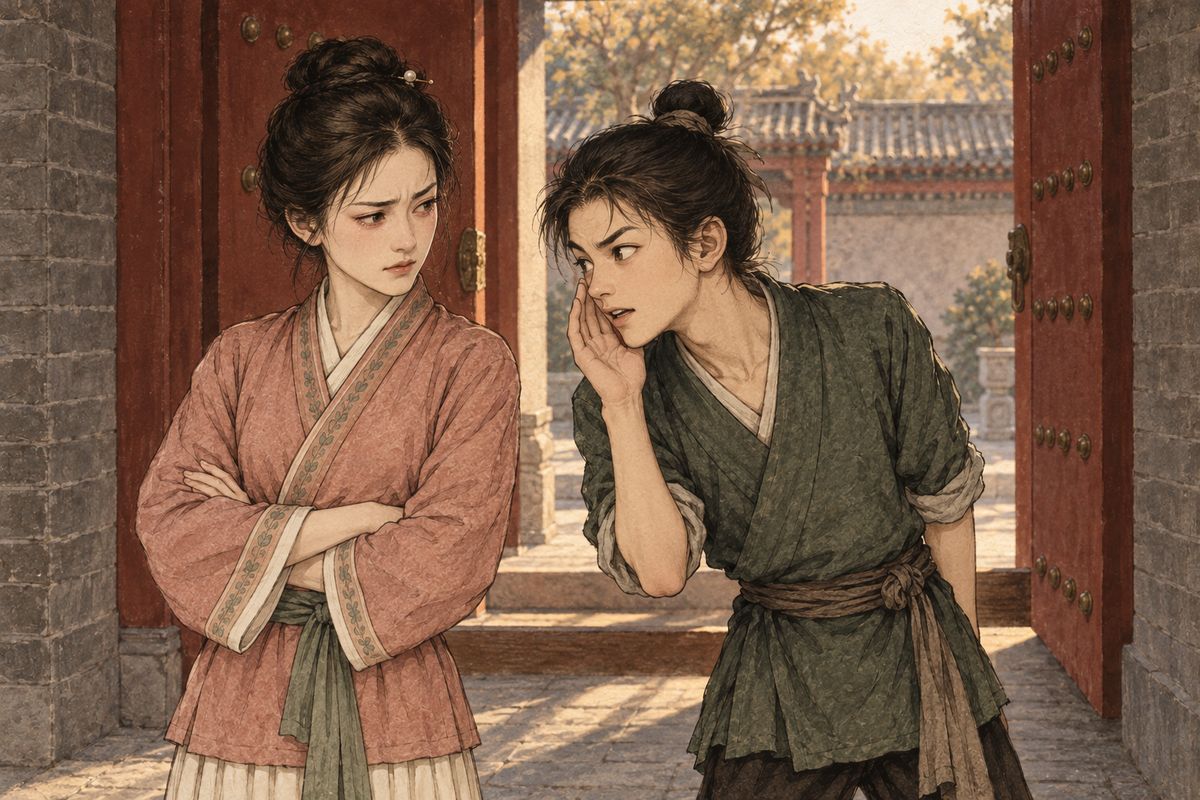 Baoyu was carried on a cane bench to Grandmother Jia's rooms, and later to his own bed at Happy Red Court. Xiren, unable to get near him for the crowd, slipped out to the second gate and questioned Mingyan. The Qiguan story, he guessed, came through Xue Pan's jealousy; the Jinchuan story came from Jia Huan. Xiren believed it.