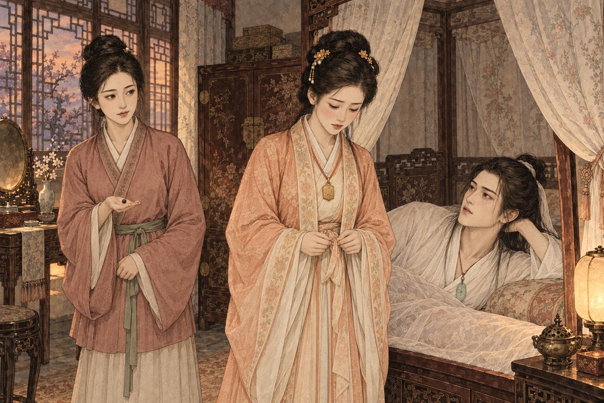 That evening Xiren uncovered the purple welts on Baoyu's legs. Baochai came in holding a pill to be ground in wine and put on the bruises, and sighed, 'Even we who only look on feel the pain here…' She stopped short, blushed and lowered her head, twisting her sash. Watching her shyness, Baoyu forgot his pain.