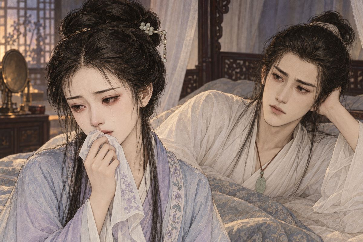 Dozing at dusk, Baoyu woke to someone weeping beside him. It was Daiyu, her eyes swollen like peaches. He insisted the beating was mostly for show. She cried without a sound, then choked out, 'You must change your ways, all of them.' He sighed that he would gladly die for such people. When Xifeng was announced, Daiyu slipped out the back to hide her eyes.