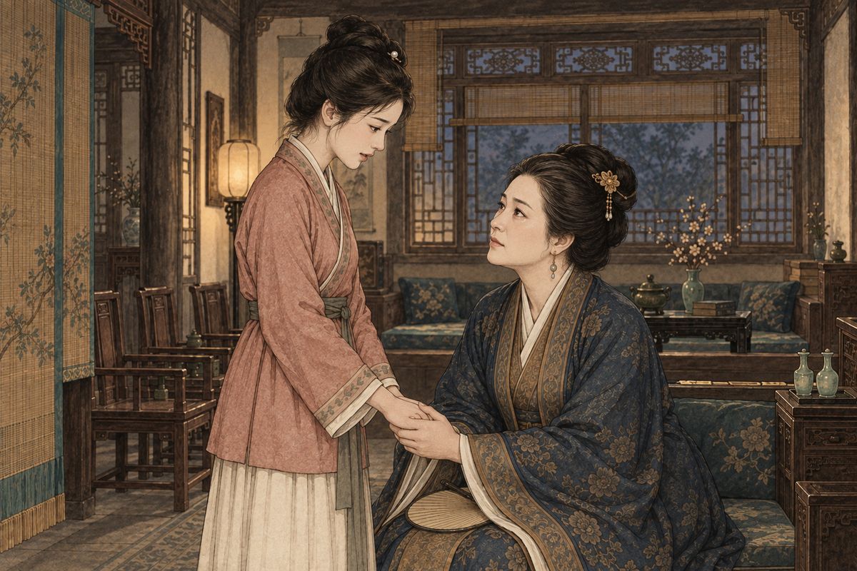 When Lady Wang sent for one of Baoyu's maids, Xiren went herself. She said carefully that Baoyu did need his father's discipline. Then she went further: now that he and his cousins were grown, he should move out of the Garden before gossip ruined him. Thinking of Jinchuan, Lady Wang was deeply moved and said, 'I give him into your keeping. Protect him, and you protect me.'