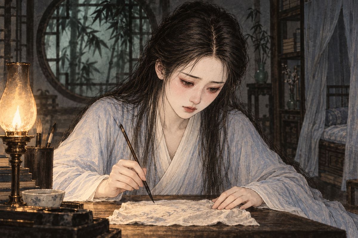 Baoyu sent Xiren off on an errand and had Qingwen carry two old, half-worn handkerchiefs to Daiyu. Qingwen was puzzled, but Daiyu, lying in her dark room, understood at last. Too moved to be cautious, she called for a lamp and wrote poems of tears on the silk until her cheeks burned redder than peach blossom. It was the first sign of her illness.
