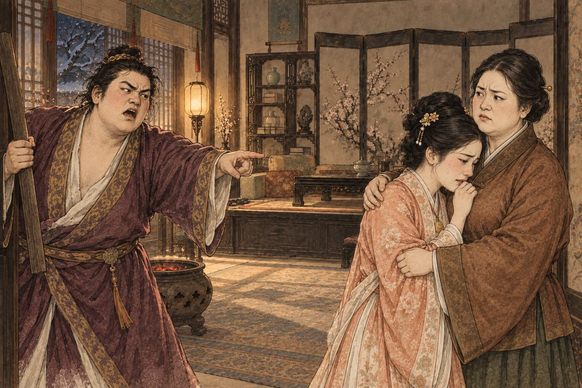 Everyone believed Xue Pan had set off the talk that led to the beating, though this time he was innocent. Blamed at home, he grabbed a door bar and raged. When Baochai reasoned with him, he struck back: her gold had to match a jade, so of course she shielded Baoyu. Stunned, Baochai clung to her mother in tears, then wept all night.