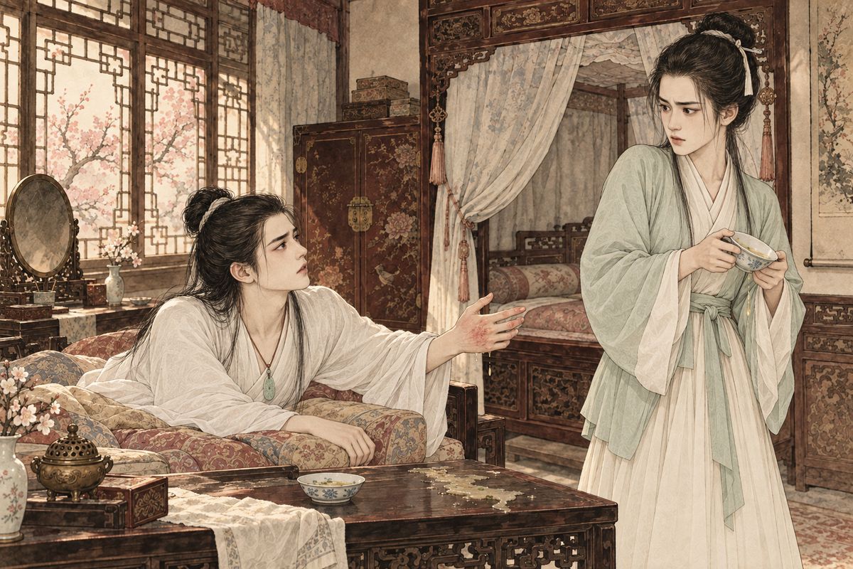 Baoyu's recovery brought a stream of visitors. Grandmother Jia had lotus-leaf soup made with silver moulds, and Yuchuan, Jinchuan's grieving sister, carried it in. He coaxed her out of her sullen mood. Then, distracted by callers, he knocked the bowl over his own hand, and asked only whether she was scalded. Later Ying'er sat knotting silk cords for him.