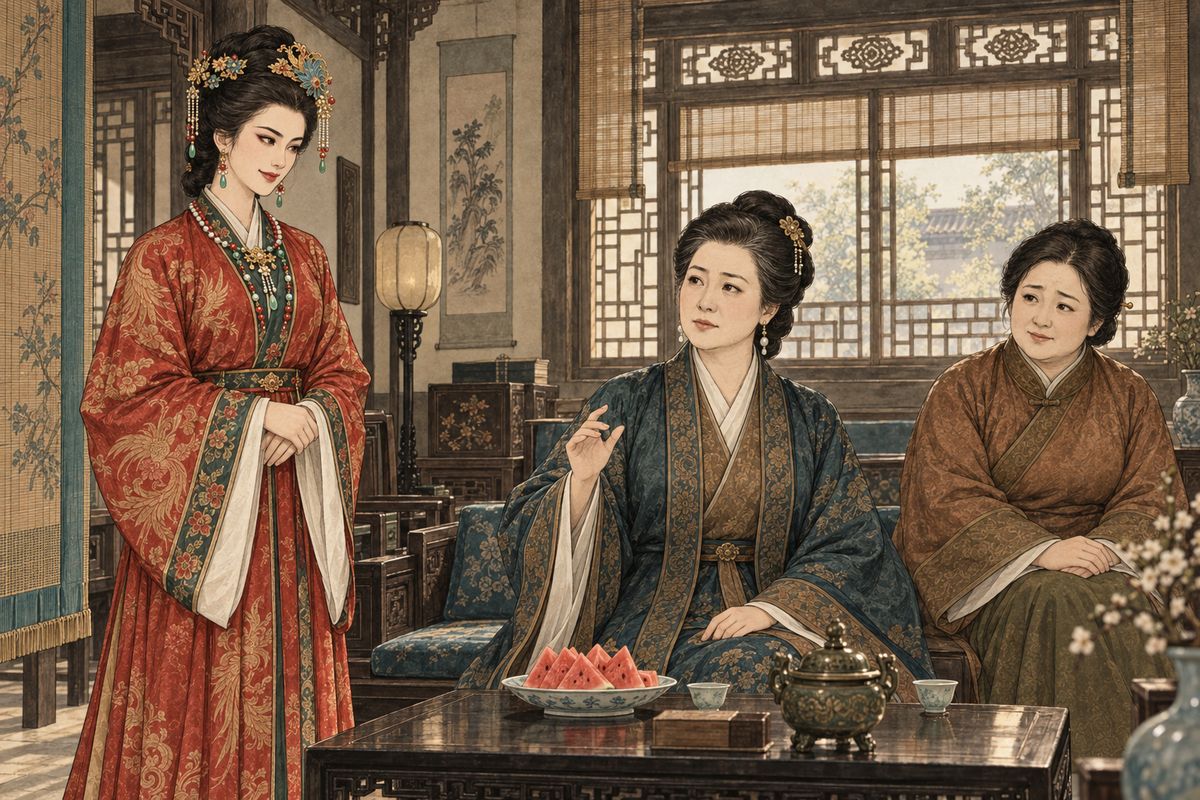 At Bamboo Lodge, Daiyu's parrot sighed out her flower-burial lines. Meanwhile, servant families were sending Xifeng gifts, hoping to win Jinchuan's vacant post. She kept them, and then Lady Wang simply gave the silver to Yuchuan. Lady Wang went further: from her own allowance Xiren would get two taels and a string of cash a month. It was a concubine's allowance, though not yet the title.