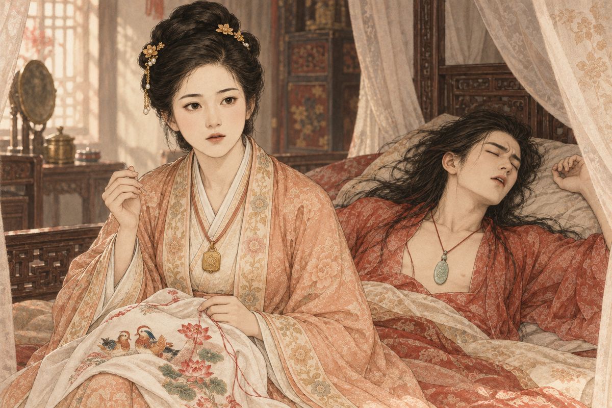 One sultry noon, all of Happy Red Court was asleep. Xiren stepped out, leaving behind her embroidery: a white silk undergarment worked with mandarin ducks among lotus. Baochai sat by the sleeping Baoyu and took up the needle herself. Then he cried out in his dream: 'Gold and jade? What do monks and Taoists know? I say wood and stone!' Baochai froze.