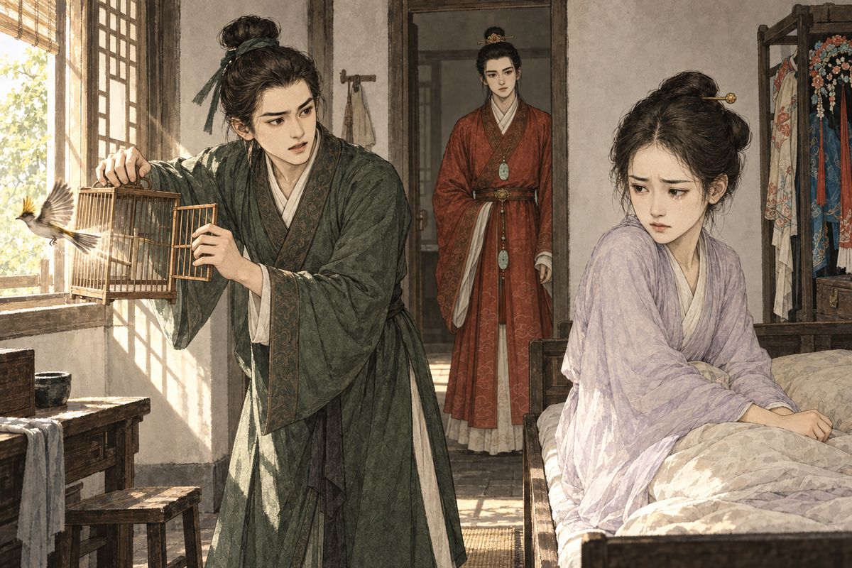 Baoyu begged the girl actor Lingguan to sing, but she coldly refused. Then Jia Qiang arrived with a caged performing bird. 'You cage us here, and now you bring a caged bird to mock us,' she wept. He freed it and broke the cage. Baoyu saw that each person's tears belong to someone. Soon after, Xiangyun's family fetched her home, and she left in tears.