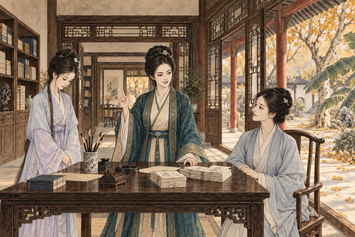 With Jia Zheng away at a provincial post, Tanchun sent notes inviting her cousins to start a poetry club. At Autumn Freshness Studio, Li Wan made herself president and everyone took a pen-name: Tanchun the Guest Under the Plantain, Baochai the Lady of Alpinia, Baoyu the Rich Idler. Daiyu, who wept so easily, became the Consort of the Xiang.
