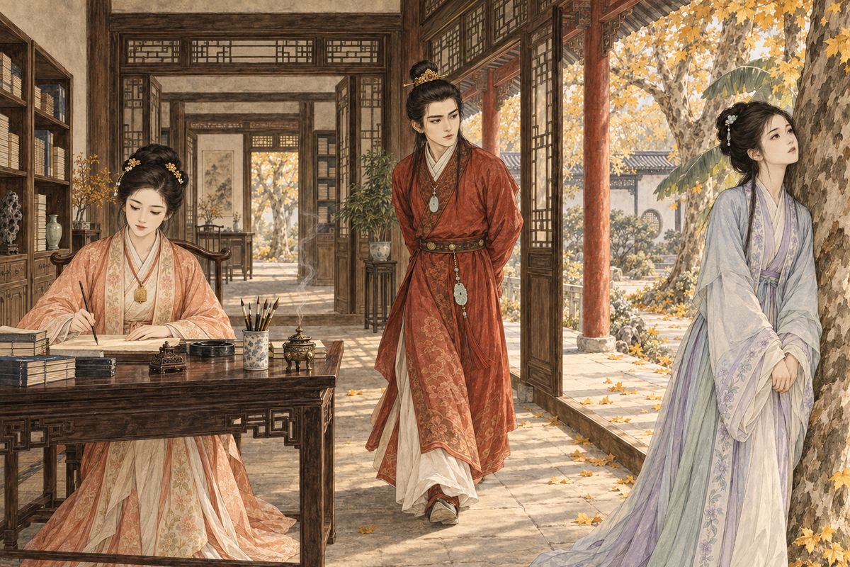 Two pots of white crabapple had just been delivered, so Yingchun set the rhymes and lit a three-inch stick of Sweet Dream incense. Anyone still writing when it burned out would pay a forfeit. Baochai wrote in quiet concentration and Baoyu paced the veranda in a panic, while Daiyu idled by the wutong tree as though she had forgotten the contest.