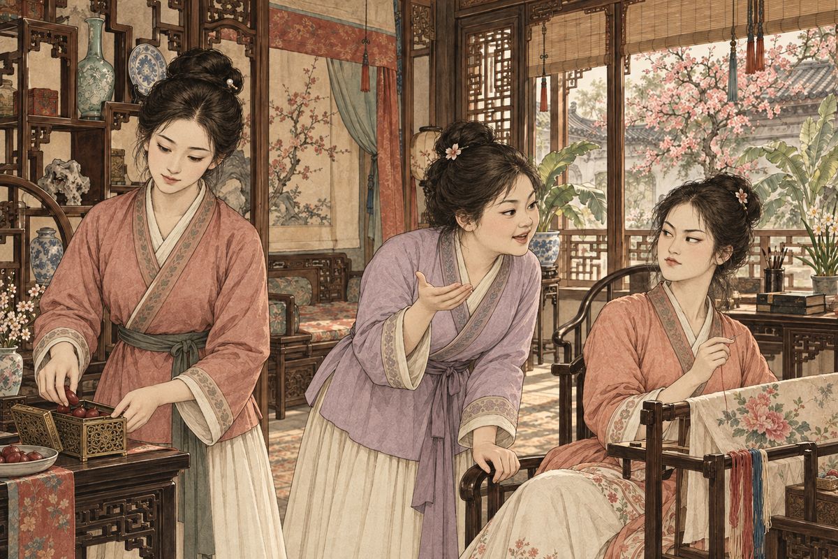 At Happy Red Court, Xiren packed fresh water-chestnuts and chestnut cakes for Xiangyun while the maids gossiped over their sewing. Qiuwen boasted of the coins and cast-off clothes she had received for delivering Baoyu's flowers, and Qingwen scorned taking anyone's leftovers. Hearing about the gifts, Baoyu exclaimed that the club meant nothing without Xiangyun.