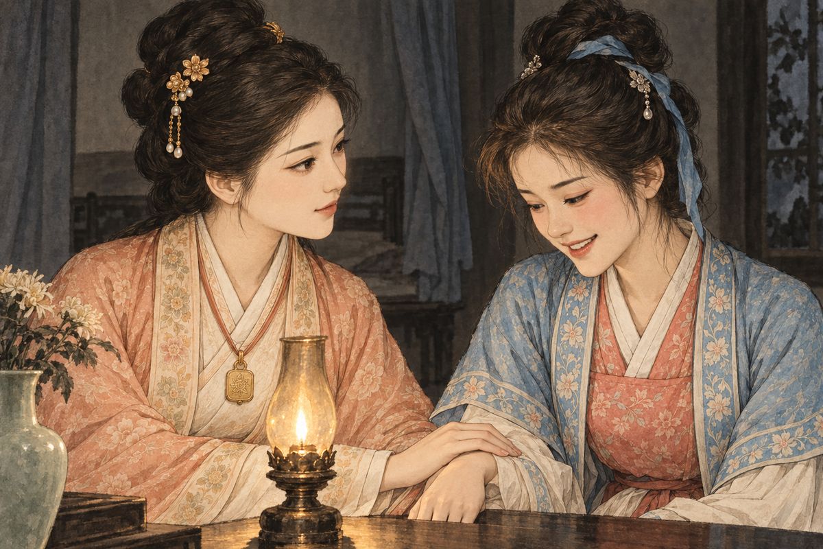 That night at Alpinia Park, Baochai gently pointed out that Xiangyun's small monthly allowance could never pay for a party. She offered crabs from a shop assistant's farm and wine from the family shops, begging Xiangyun not to feel slighted. Moved, Xiangyun agreed, and by lamplight the two drew up twelve chrysanthemum topics.