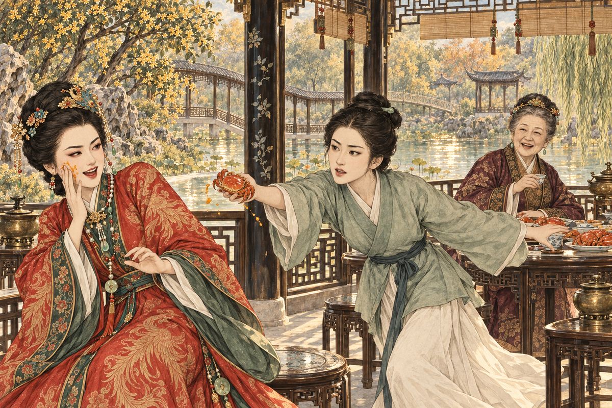 Next day Grandmother Jia led the family to Lotus Fragrance Pavilion, which stood over the water. She recalled nearly drowning as a girl, and Xifeng joked that the dent in her temple was room for all her blessings. Out on the veranda, Ping'er swung a roe-filled crab at a teasing maid, missed, and smeared it across Xifeng's cheek.