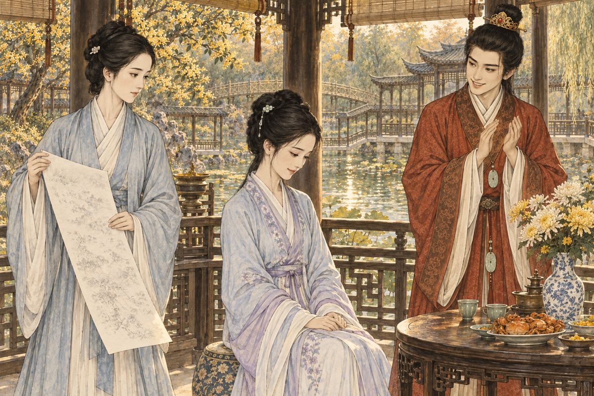 Once the elders had gone, the twelve topics were pinned to the wall and each poet ticked the ones they chose. Xiangyun, after her family's old pavilion, became the Old Friend of Pillowed Clouds. Li Wan crowned Daiyu, whose poems on Singing of, Questioning and Dreaming of the chrysanthemum took the top three places. Baoyu, last again, clapped in delight.
