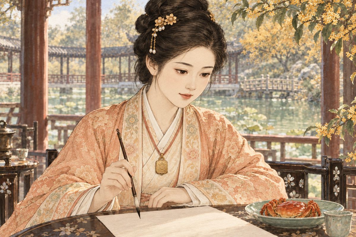 When fresh hot crabs arrived, Baoyu dashed off a crab poem, and Daiyu matched it at once before tearing hers up. Then Baochai quietly wrote verses mocking crooked, hollow men: "No road before their eyes runs straight; inside the shell, just empty black and yellow." Everyone called it the finest crab poem ever written, if a little too cutting.