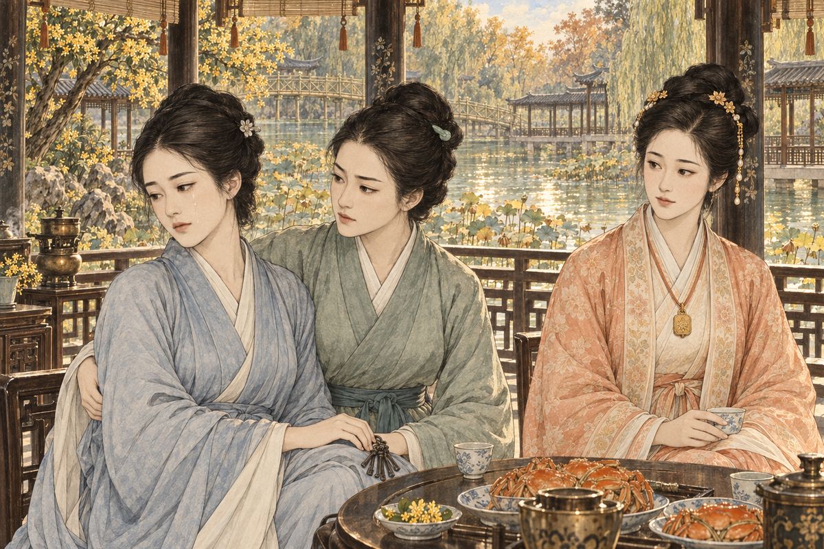 Xifeng sent Ping'er to the crab party to fetch more crabs, and Li Wan made her sit down and drink. Feeling the keys at Ping'er's waist, Li Wan called her Xifeng's master key. Then she remembered her own dead husband, Jia Zhu, and the two concubines she had sent away after he died. Her tears fell in the middle of the laughter.