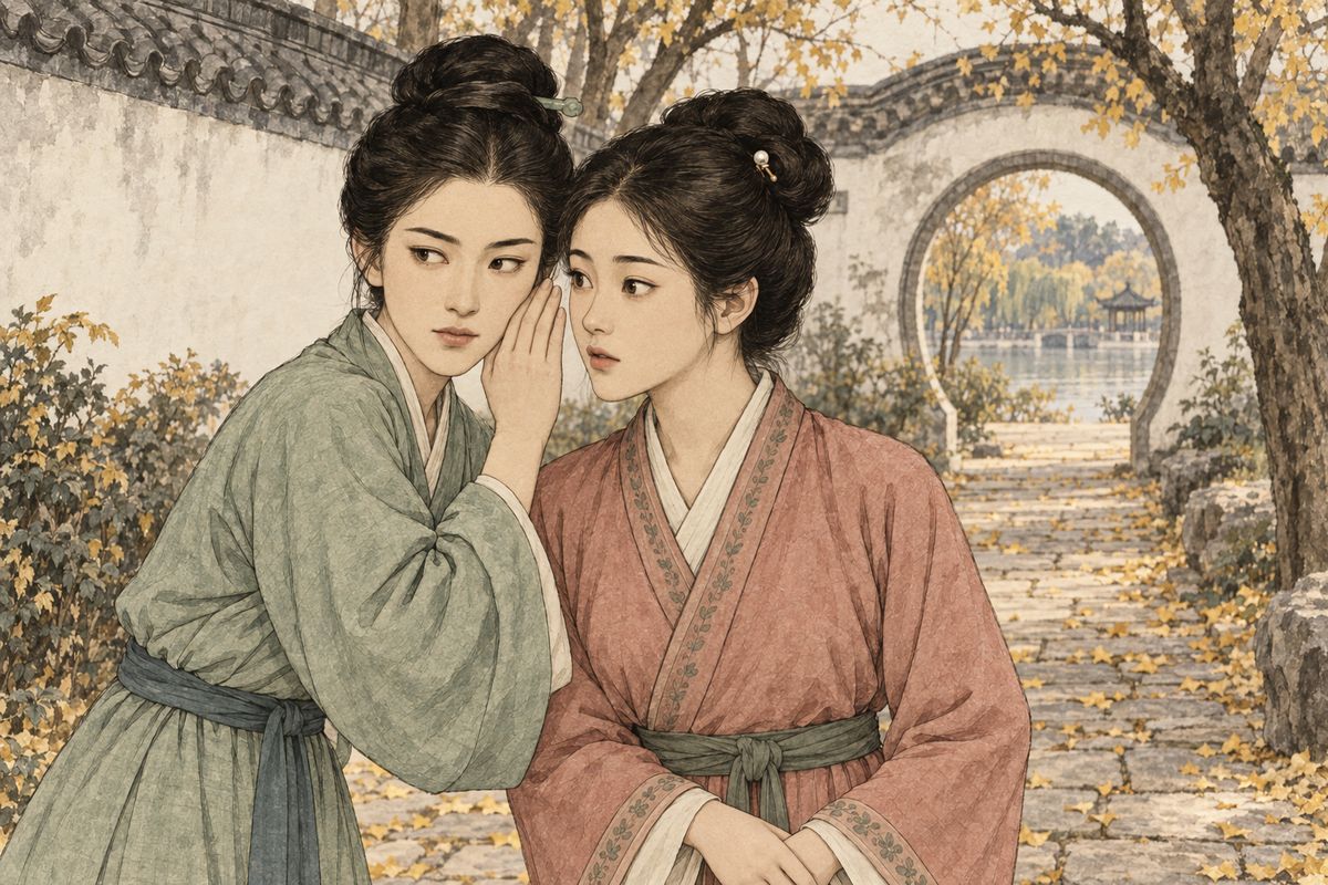 Outside, Xiren asked why that month's allowances had still not been paid. Ping'er checked that no one was near, then whispered the truth: Xifeng had drawn the money early and lent it out at interest, and the maids would be paid once the interest came in. Her private loans made over a thousand taels a year. 'Don't tell a soul.'