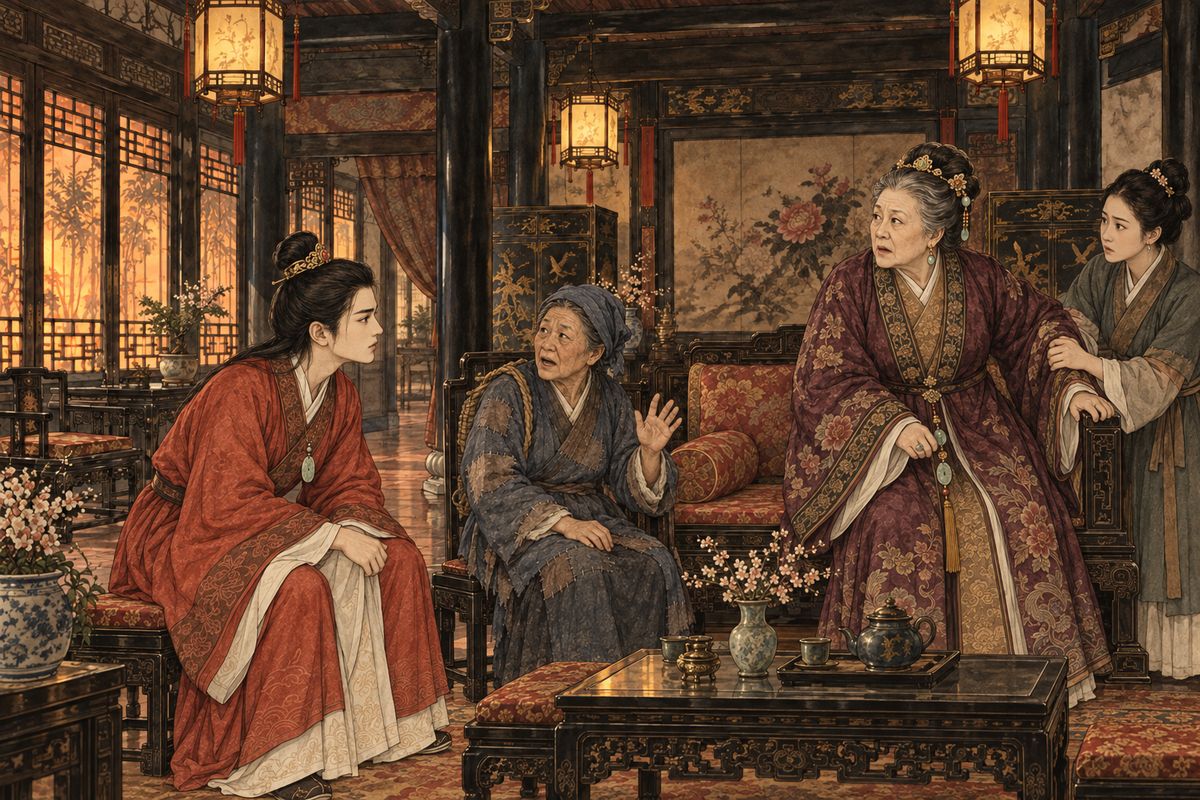 Granny Liu had come back with the first melons and greens of her harvest, and Grandmother Jia kept her to talk. Seeing how the young people loved her stories, she made one up about a lovely girl of seventeen in a red jacket, stealing firewood in the deep snow. Then shouting broke out: the south stable yard was on fire. The story was never finished.