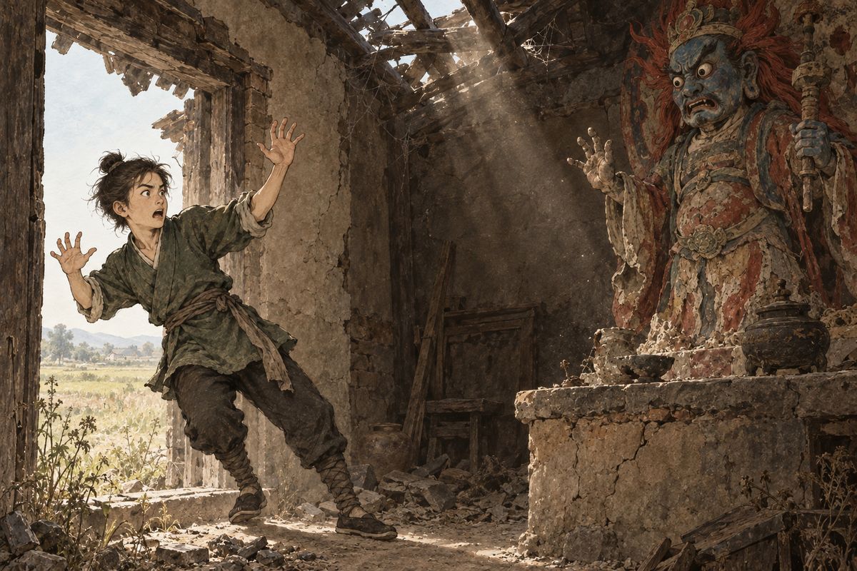 Baoyu could not stop thinking about the snow girl, so Granny Liu invented more. The girl was Miss Mingyu, who died at seventeen, and her statue in a crumbling shrine had come to life. Baoyu sent Mingyan to find the shrine for restoration. After a day's search Mingyan found only a broken temple, with a blue-faced, red-haired plague god inside.