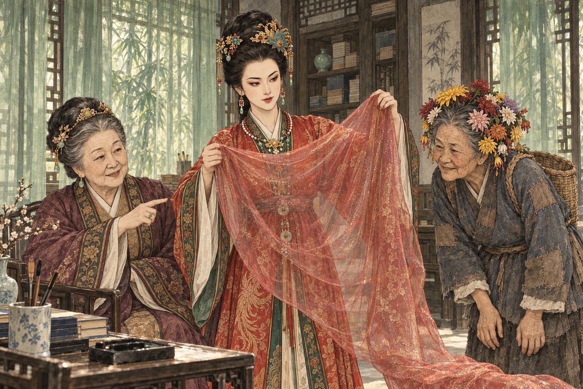 Next morning Xifeng stuck a whole tray of chrysanthemums into Granny Liu's hair, and the garden tour began. On Bamboo Lodge's mossy path Granny Liu slipped and fell, and laughed at herself. Inside, Grandmother Jia told Xifeng that the old silvery-red gauze was not cicada-wing silk but 'soft-mist silk', and ordered it for Daiyu's windows. Granny Liu thought it a waste on windows.