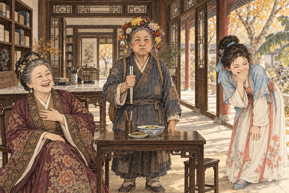 At breakfast in Tanchun's Autumn Freshness Studio, Xifeng and Yuanyang had coached their 'lady jester' and given her heavy gold-inlaid ivory chopsticks. When Grandmother Jia said 'Please', Granny Liu stood and boomed, 'Old Liu, Old Liu, eats more than an ox!' then sat down with her cheeks puffed out. The whole room collapsed; Xiangyun sprayed out her rice.