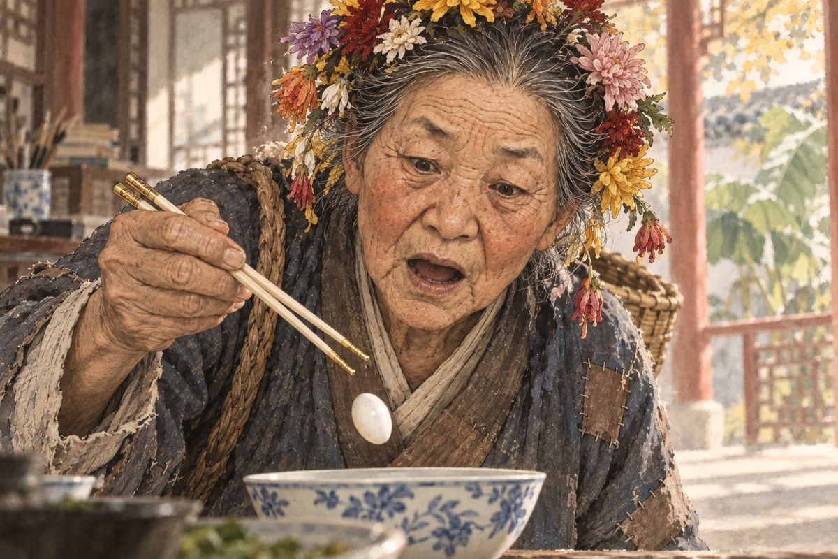 Xifeng set a bowl of pigeon eggs in front of her: 'One tael of silver apiece.' Granny Liu chased them around the bowl with the clumsy ivory chopsticks and finally lifted one, but it slid off and rolled onto the floor. A servant whisked it away. 'A whole tael,' she sighed, 'and I didn't even hear it drop.'