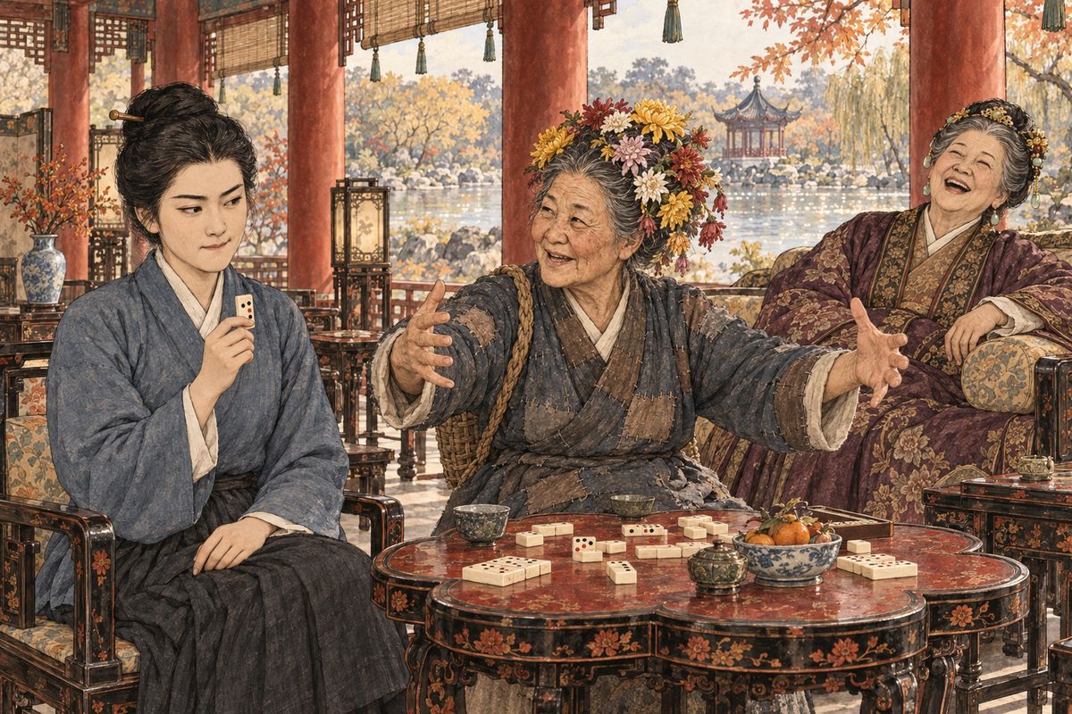 In the afternoon they drank below the Variegated Brocade Tower while Yuanyang ran a domino game, with each player answering her tiles in a rhyming line. The ladies quoted poetry. Granny Liu answered from the farmyard: 'A big fire burned the hairy caterpillar.' At last, shaping it with both hands, she finished: 'The flower drops, and out grows a giant marrow!'