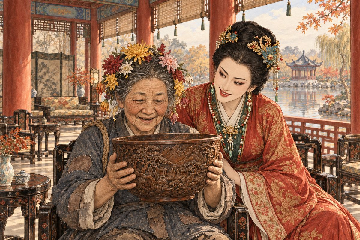 Joking that she might break the porcelain, Granny Liu asked for a wooden cup. Yuanyang produced a nest of ten boxwood-root cups carved with landscapes, the largest as big as a small basin. Granny Liu drained it with both hands while Xifeng fed her eggplant cooked with ten chickens' worth of trimmings. Then she solemnly pronounced the boxwood to be yellow pine.