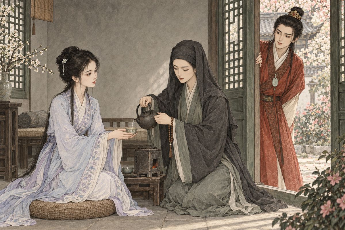 At Green Lattice Nunnery, Grandmother Jia handed Miaoyu's fine tea to Granny Liu, who gulped it down and called it weak. Miaoyu then took Baochai and Daiyu to her side room, and Baoyu slipped in after them. She brewed their tea with snow gathered from plum blossoms five years before. The Chenghua cup Granny Liu had drunk from, Miaoyu ordered to be left outside as soiled.