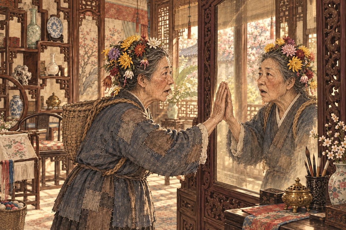 Later Granny Liu, drunk and dizzy, lost her way and wandered into Happy Red Court. She bumped her head on a painted girl. Then she met her 'in-law' coming toward her, her head full of flowers: it was her own reflection in a great mirror. As she groped at the frame, she sprang its hidden catch, and the mirror swung open like a door.