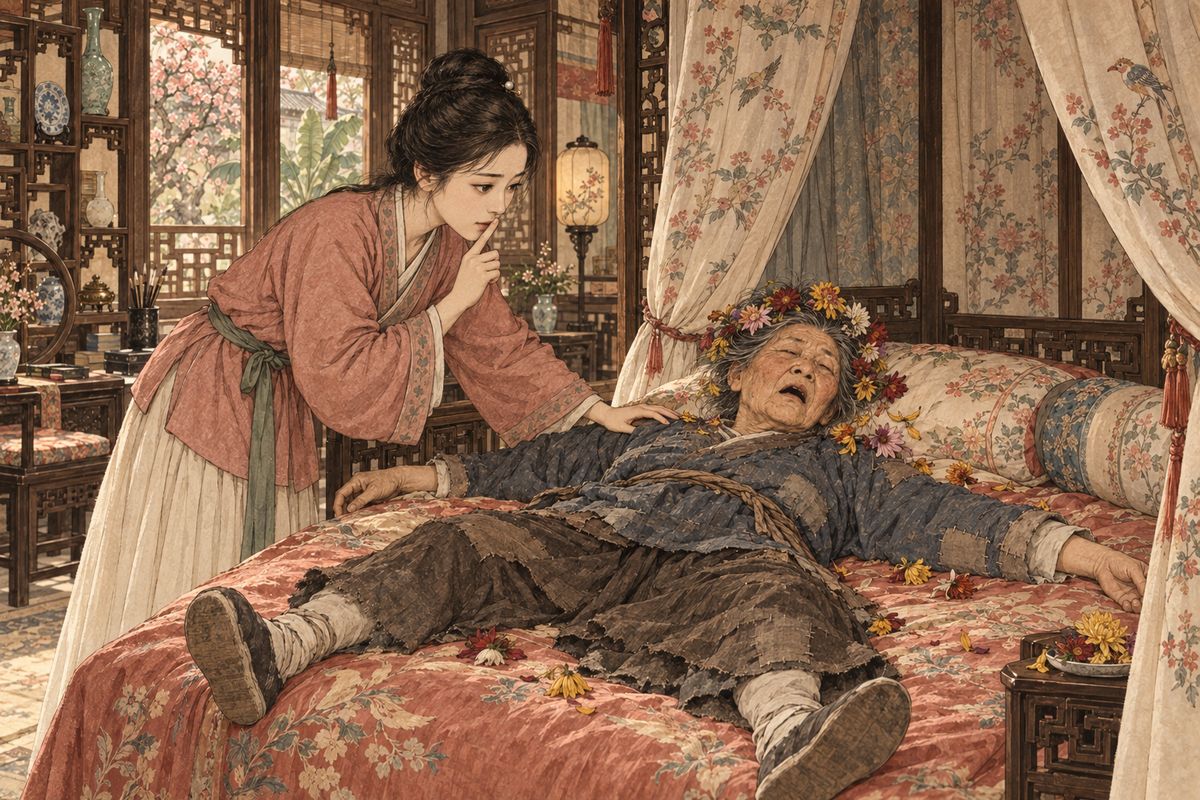 Behind the mirror stood the finest bed she had ever seen. She sat down and was soon snoring. Xiren guessed where she had strayed, found her sprawled across the bed and shook her awake. She burned lilies-scented incense against the wine smell and told her to say she had dozed off on the rockery. Only then did Granny Liu learn that it was Baoyu's bedroom.