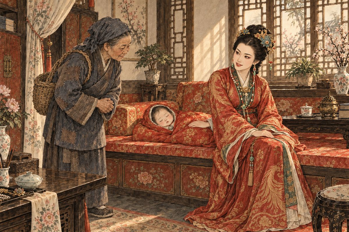 Before going home, Granny Liu came to thank Xifeng, who laughed that the outing had given Grandmother Jia a chill and her baby girl a fever. At Granny Liu's hint an almanac was consulted, paper money was sent off to the flower spirit, and the child fell asleep. Xifeng then asked the old woman to name her, borrowing a poor woman's long life.