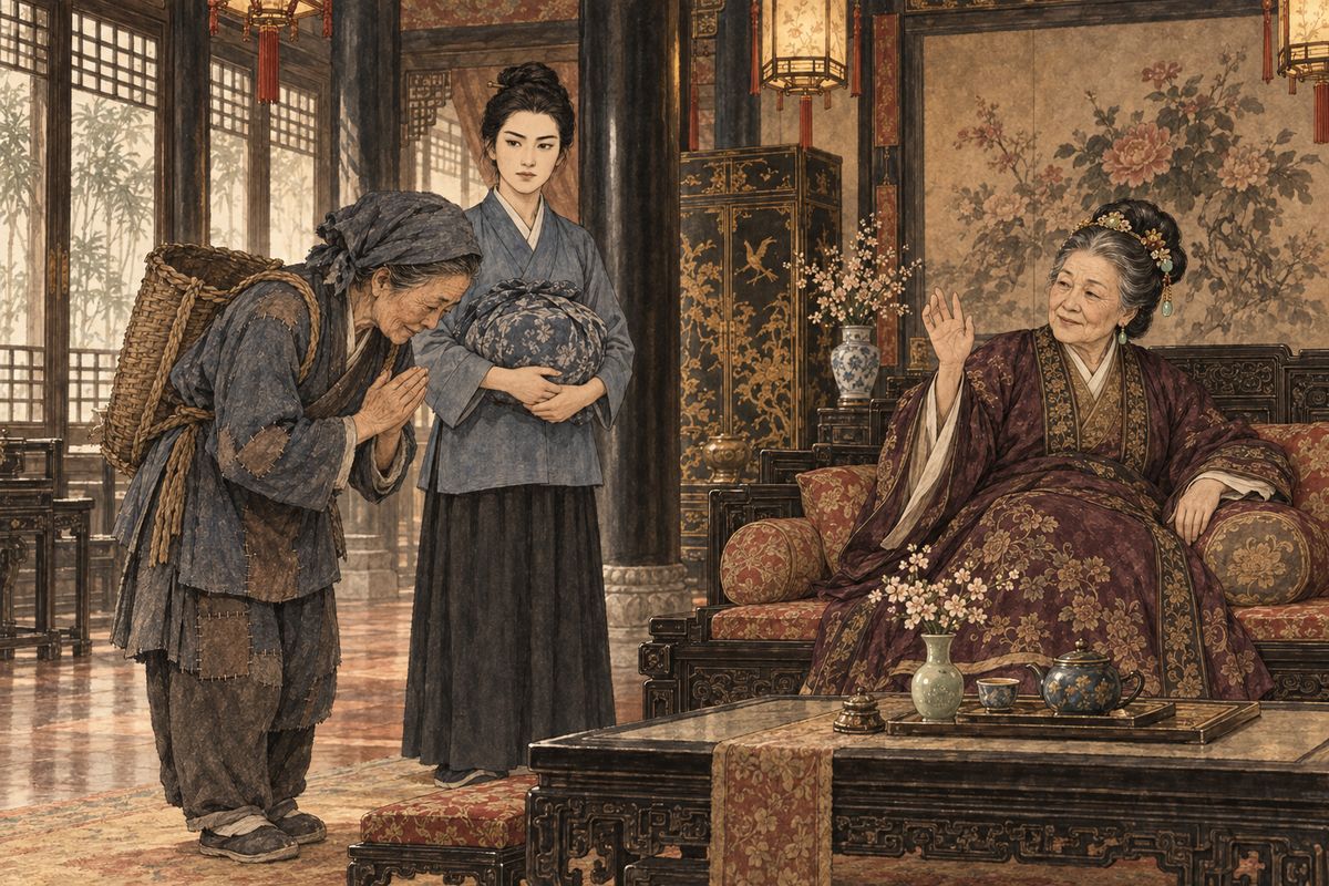Ping'er and Yuanyang heaped half a kang with silks, cakes, medicines, rice and a hundred taels of silver from Lady Wang. A court physician found Grandmother Jia had only caught a cold and needed no medicine. From her couch the old lady told Granny Liu to come again when she could, and Yuanyang saw her to the cart.