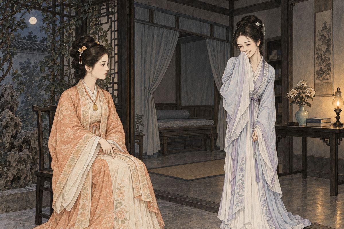 After breakfast Baochai led Daiyu off to Alpinia Park, sat down and said, "Kneel. I'm going to put you on trial." Daiyu laughed that Baochai had gone mad, until Baochai reminded her of the drinking game the day before, when she had quoted The Peony Pavilion and The West Chamber, plays no well-bred young lady was supposed to read.