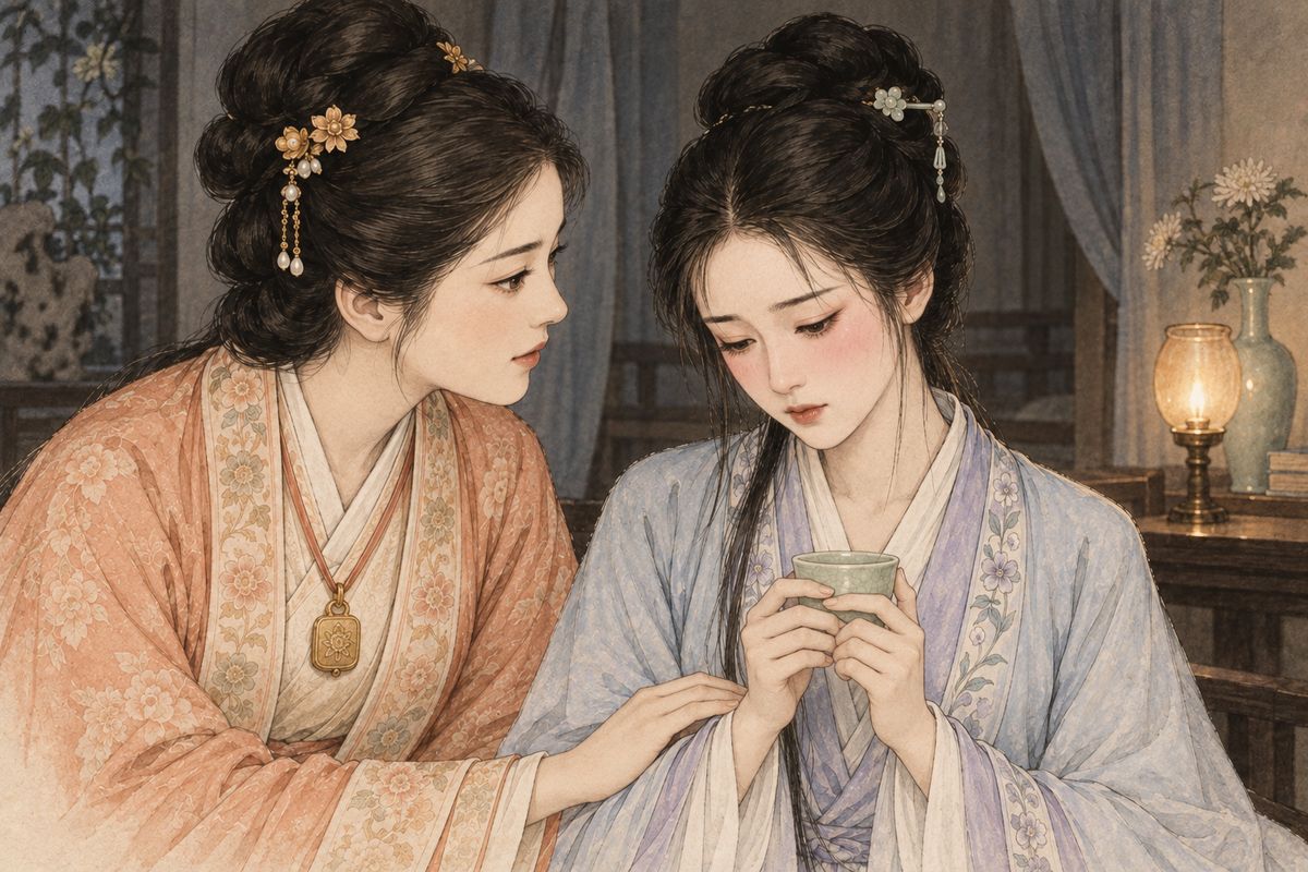 Daiyu blushed crimson, hugged Baochai and begged her to tell no one. Baochai sat her down to tea and gently admitted that she too had read such plays in secret as a girl, until the grown-ups burned them. Girls, she said, should read only proper books, or idle ones would change their nature. Daiyu hung her head and could only say yes.