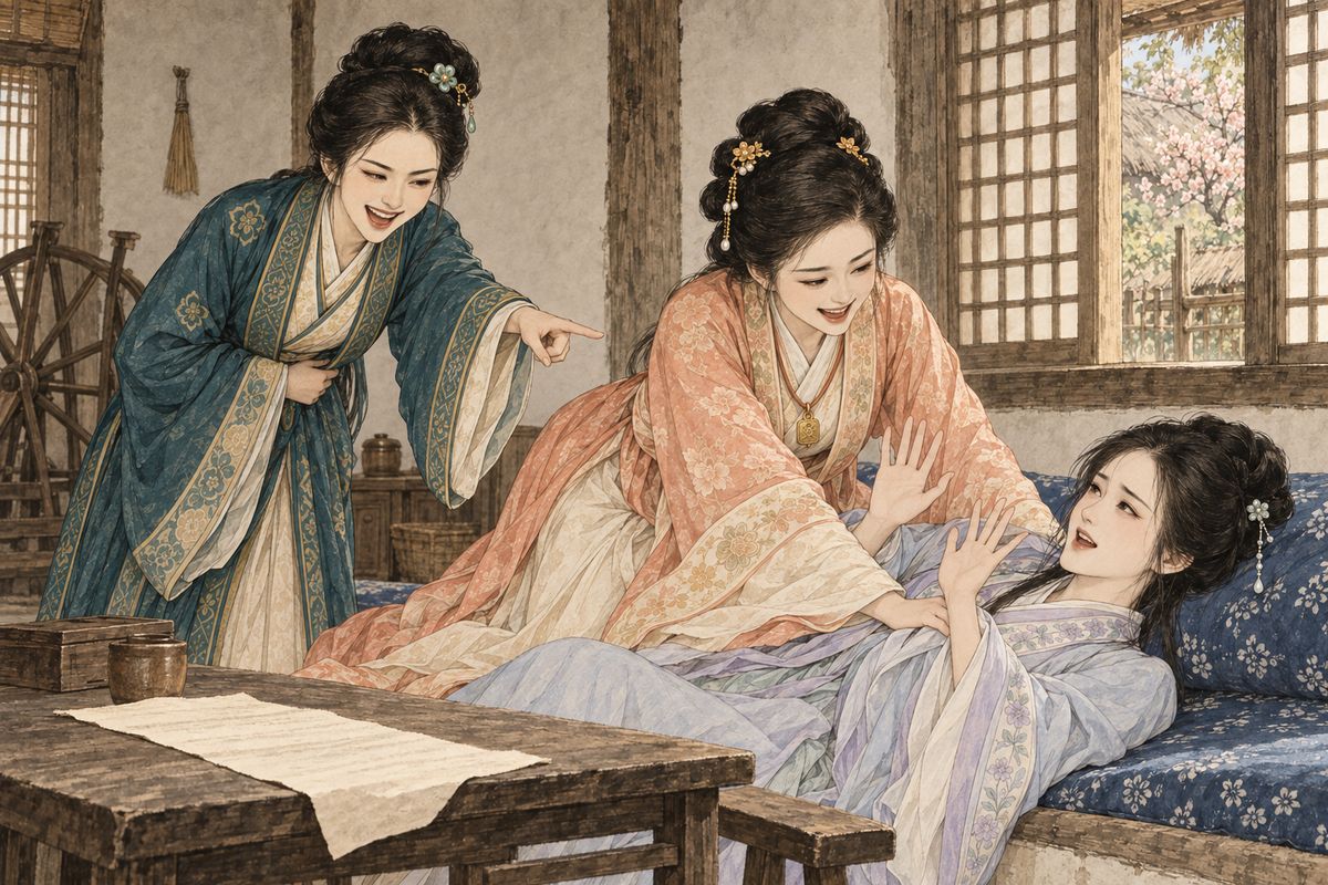 At Li Wan's cottage Xichun asked for a year's leave to paint the garden for Grandmother Jia, and Daiyu mocked Granny Liu as a 'mother locust'. Baochai settled on half a year and dictated a long list of brushes, pigments, jars and stoves. Daiyu whispered that she must be writing her dowry list, so Baochai pinned her on the kang to pinch her cheeks.