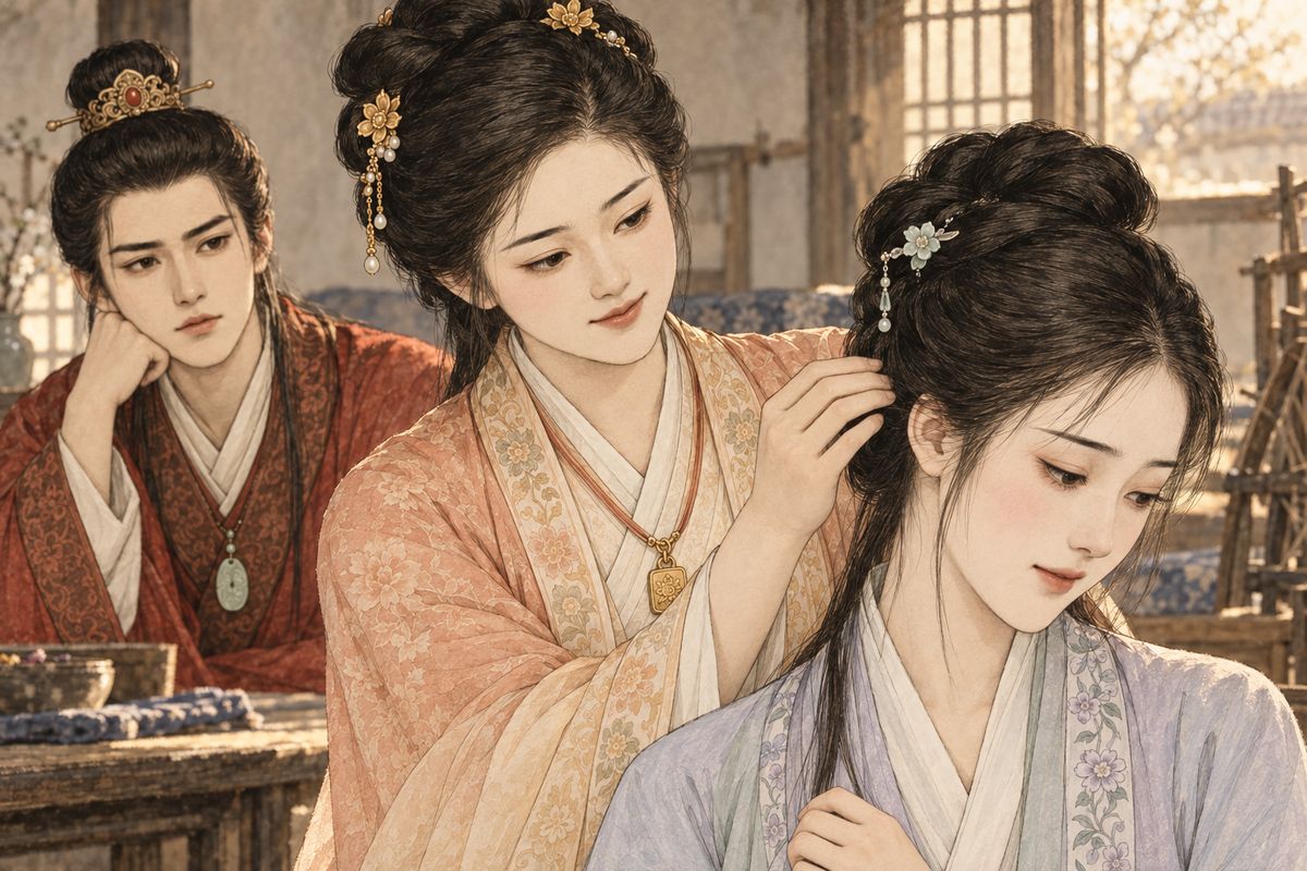 Daiyu begged for mercy, slyly reminding Baochai of the morning's lesson, and Baochai let her go. "Come here, and I'll smooth your hair for you." Daiyu turned, and Baochai tidied her loosened hair while Baoyu looked on, wishing he could have done it himself. By evening Grandmother Jia's chill had passed.