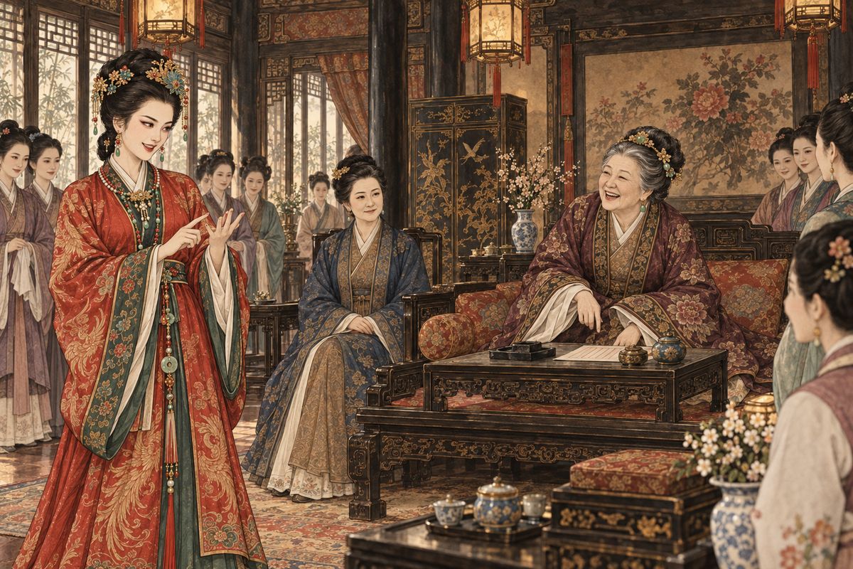 Grandmother Jia had a new idea for Xifeng's birthday on the second of the ninth month: everyone would chip in, like humble folk. The ladies called out their shares amid laughter, and Xifeng haggled so cleverly on the old lady's behalf that she cried she'd nearly been cheated. Maids, stewards' wives and even the two concubines joined in. Over 150 taels were pooled.