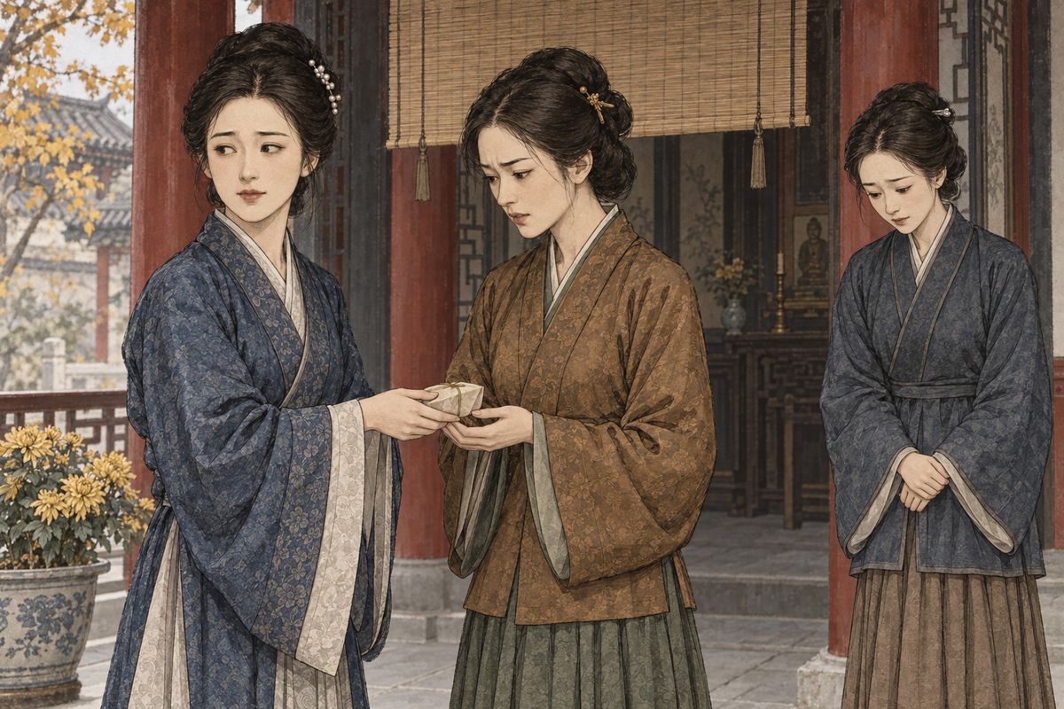 You-shi was put in charge of the party. When she counted the silver she found Xifeng had quietly skipped Li Wan's share. You-shi quietly did some kindnesses of her own, handing back the shares of Ping'er, Yuanyang and Caiyun. Then, while Xifeng wasn't looking, she returned those of Concubines Zhou and Zhao. 'Poor things, where would you find spare money?'