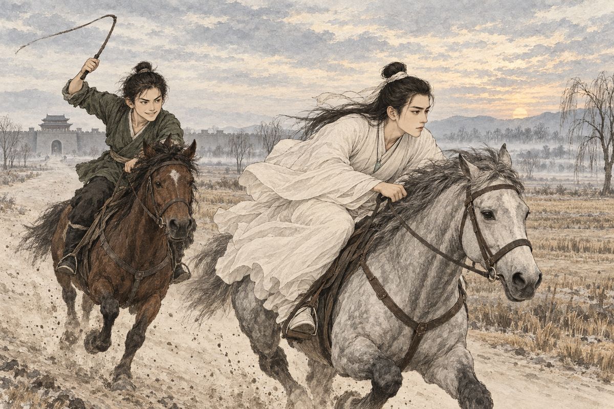 At dawn on the birthday, Baoyu slipped out of the garden's back gate dressed all in white. He left word that he had gone to the Prince of Beijing's. With only Mingyan behind him he galloped out through the north gate. Mingyan warned there was nothing to see out that way. Baoyu said a lonely road was exactly what he wanted.