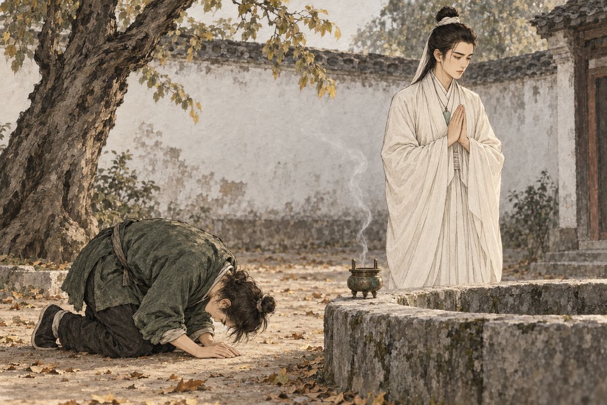 Baoyu found two pinches of incense in his own purse and borrowed a censer at the Water Immortal Convent. The only clean spot was the rim of an old well, so they set it there. Baoyu lit the incense and bowed in tears, naming no one. Mingyan knelt and prayed in his place: may the sweet spirit visit his master, and may he be reborn a girl.