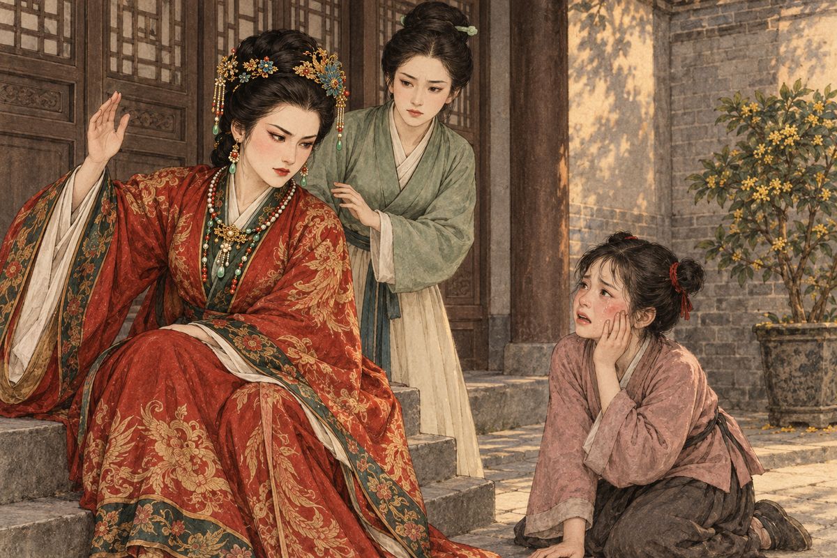 Baoyu was home in time for the opera. At the feast, one person after another toasted Xifeng until the wine went to her head, and she slipped out with Ping'er. In the passage a little maid from her rooms saw them, turned and ran. Xifeng made her kneel, slapped her and threatened her until the girl confessed. Jia Lian had sent for Bao Er's wife.