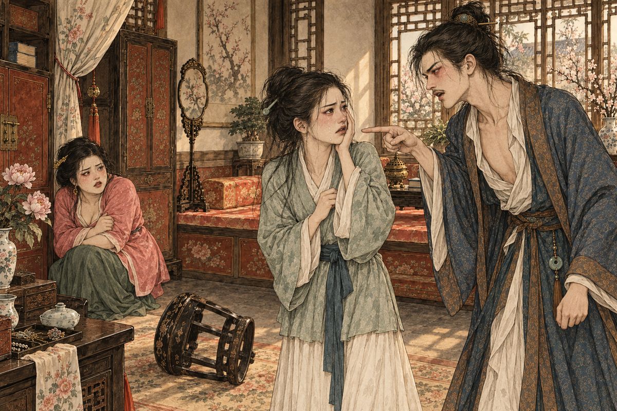 Hearing Ping'er praised, Xifeng decided Ping'er must have complained about her in secret. She struck her, kicked open the door and fell upon Bao Er's wife. Ping'er, wronged and weeping, struck at the woman too, and Jia Lian kicked and cursed her for it. Beaten by both her masters, Ping'er ran out looking for a knife to end her life, and was held back.