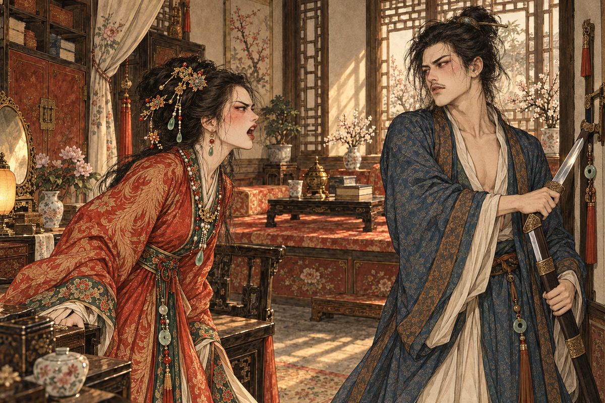 Xifeng rammed her head against Jia Lian's chest and dared him to kill her. He pulled a sword from the wall, roaring that he'd kill them all. When You-shi and the others burst in, Xifeng ran weeping to Grandmother Jia and claimed they had plotted to poison her. The old lady had the sword taken off him, then laughed it off as young men's greed.