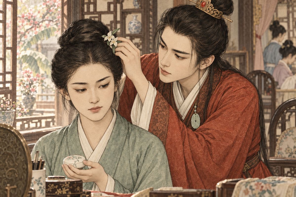Li Wan took the sobbing Ping'er into the garden, and Baoyu brought her to Happy Red Court. He had her wash, lent her some of Xiren's clothes, and offered his own jasmine-seed powder and rouge. Then he snipped a twin-flowered autumn orchid and set it in her hair. It was Jinchuan's birthday, and this small kindness was the one joy in his day.