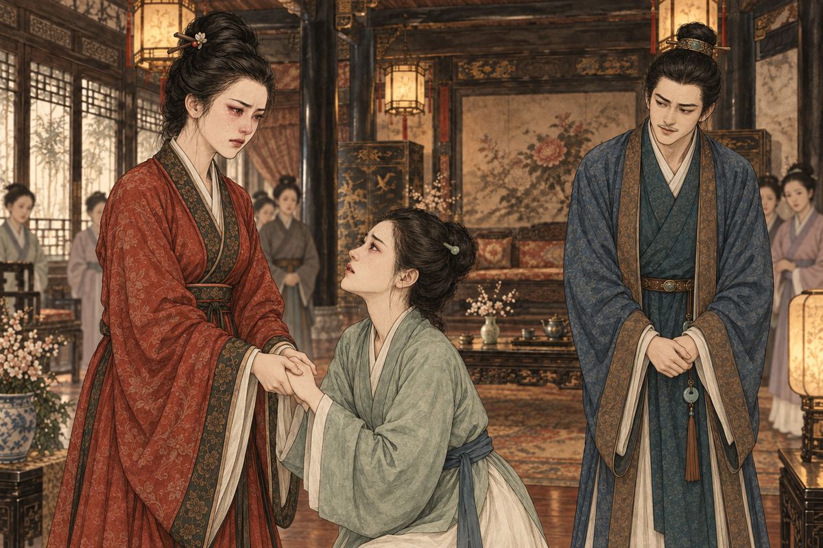 The next morning Jia Lian knelt before Grandmother Jia, then bowed to Xifeng and, to everyone's laughter, to Ping'er too. Ping'er knelt to Xifeng and blamed herself for spoiling the birthday. Xifeng, full of shame, pulled her up and burst into tears. 'Even yesterday, when you hit me, I didn't blame you,' Ping'er said, weeping too.