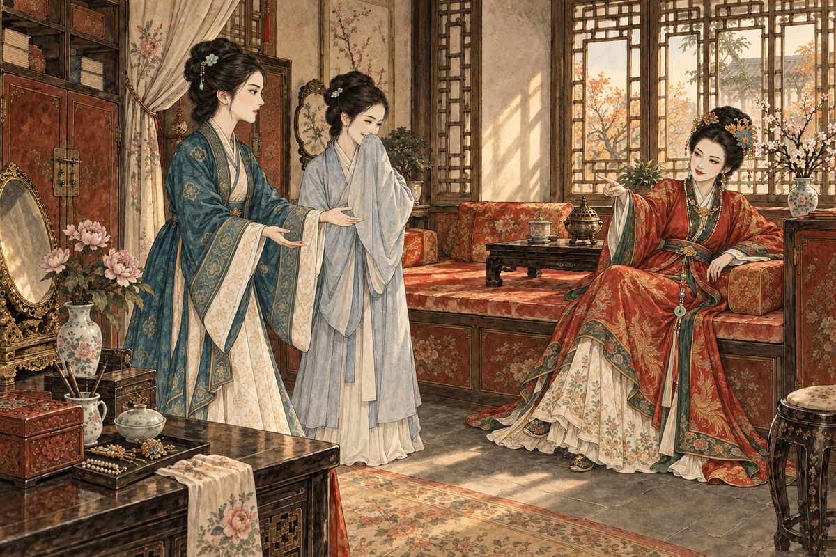 The girls crowded into Wang Xifeng's rooms and asked her to be the poetry club's stern 'censor'. Xifeng laughed and saw straight through them: they did not want a judge, they wanted a banker to pay for their parties. Li Wan called her 'a heart of crystal, a body of glass', and the whole room laughed.
