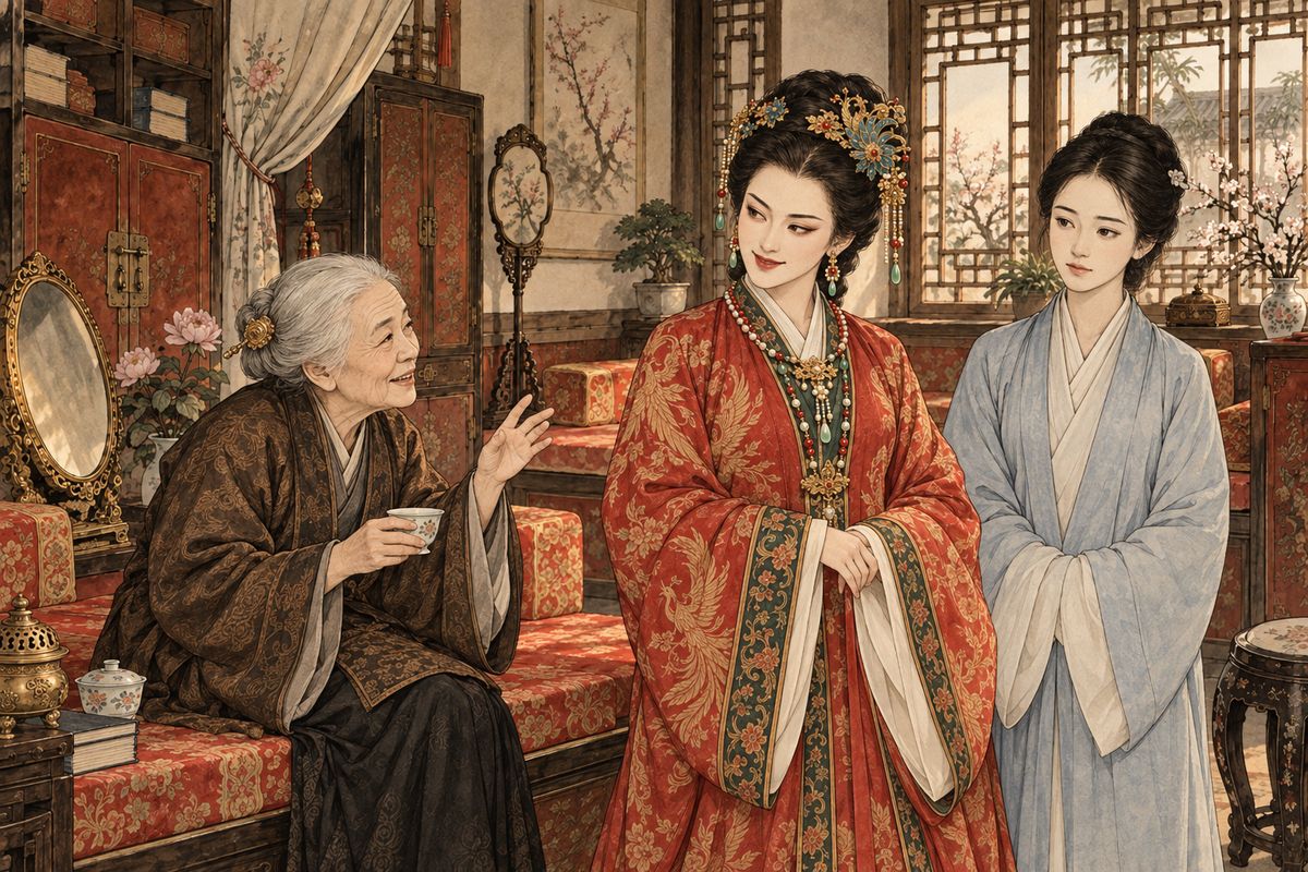 Xifeng promised fifty taels to start the club off, and gave Baoyu, who had missed its first meeting, the forfeit of sweeping all their floors. Then old Nanny Lai came in, leaning on a little maid. Her grandson had been made a county magistrate, and she invited the ladies to three days of feasting and plays in her own garden.