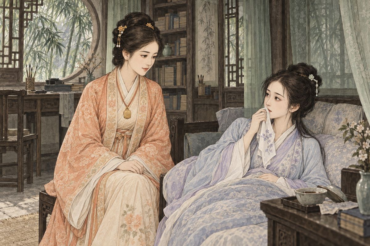 In autumn Daiyu's cough came back worse than before, and she kept to her room. Baochai came to see her and gently suggested bird's-nest congee each morning in place of hot tonics. Daiyu was moved. 'I always took you for someone hiding a knife,' she admitted. 'I see now I was wrong about you.'