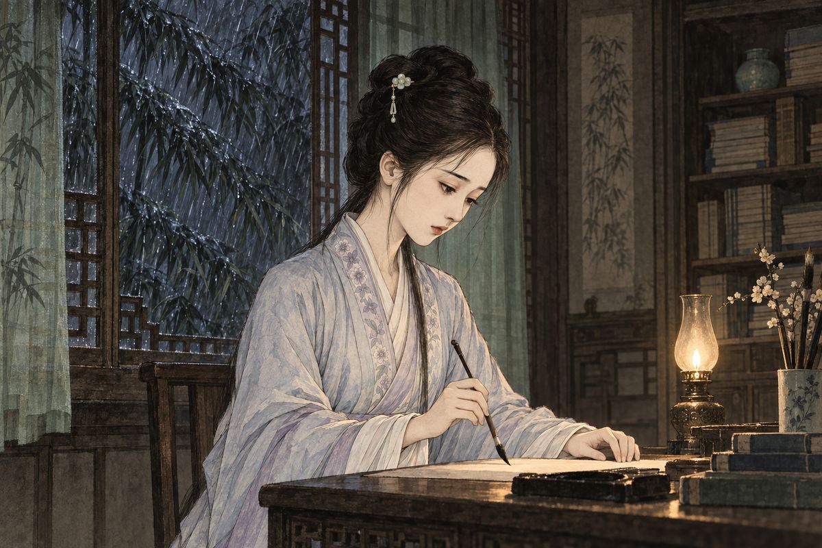 Before sunset the weather turned, and a cold autumn rain began to fall. Knowing Baochai could not come back that night, Daiyu read by the lamp, and the sad old songs of parting stirred her. She wrote a long poem of her own and called it 'Autumn Window, a Night of Wind and Rain'.