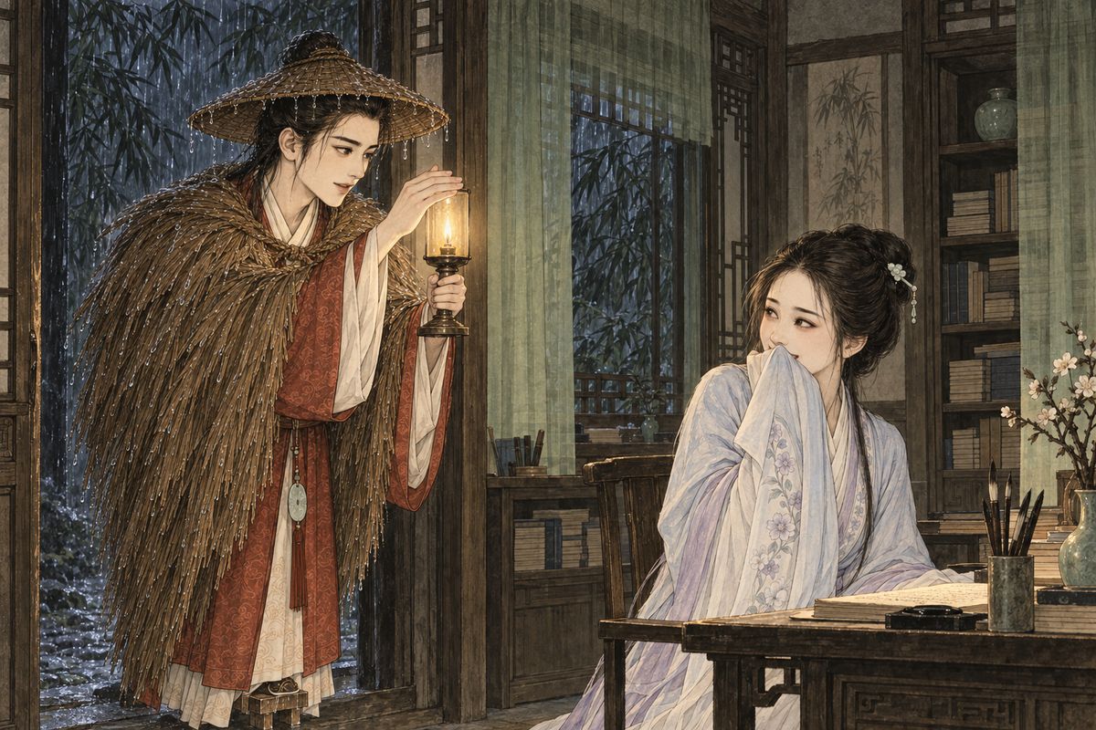 She had just put down her brush when Baoyu came in out of the rain, wearing a wide bamboo hat and a straw cape. 'Where did this old fisherman come from?' Daiyu laughed. He lifted the lamp to look at her face and asked how she was. Then he found her poem and praised it, and she snatched it and burned it.