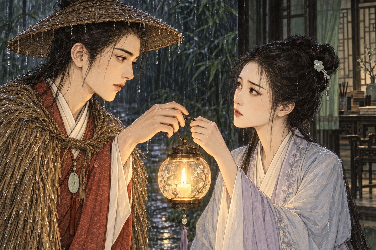 The rain grew heavier, and Daiyu sent him home. His servants carried a horn lantern, but she took down her own glass lantern, had a candle lit in it, and put it in his hand. He was afraid of breaking it. 'Which is worth more,' she scolded, 'a lantern or you?'